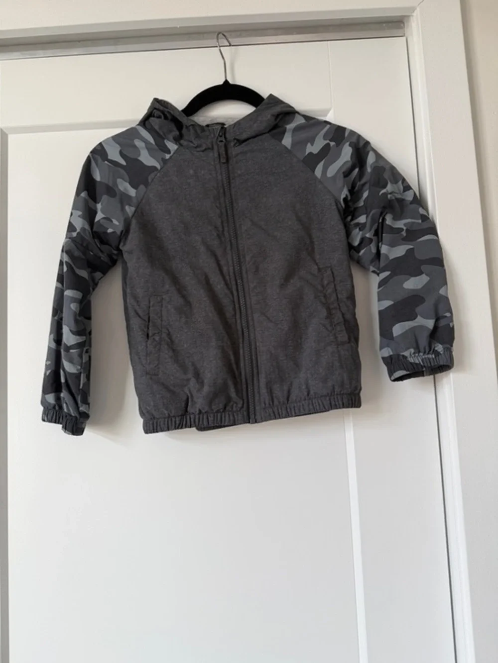 Oshkosh Kids' Gray Hooded Windbreaker Jacket with Gray Camo Sleeves